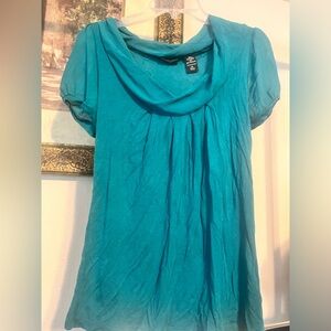 Like New -NY&Co Teal Blouse with sheer puff short sleeves